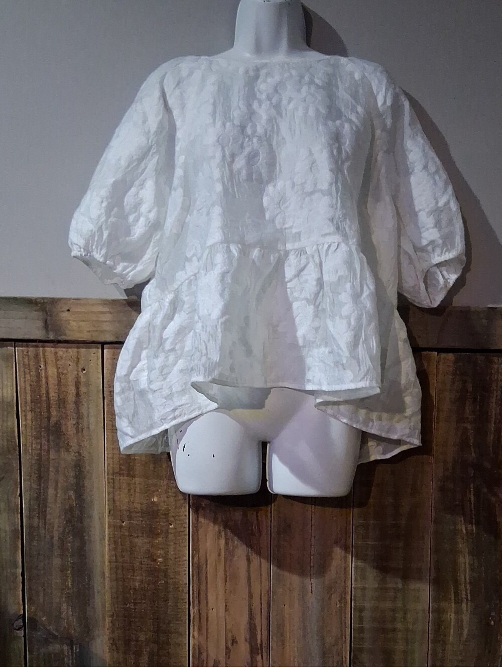 White Textured Peplum Blouse with Puff Sleeves — Unbranded